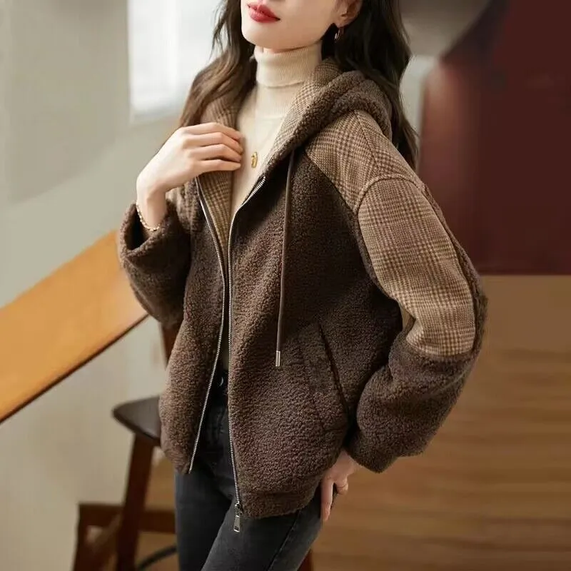 2023 Autumn/Winter Loose Plush Long Sleeve Zip Pocket Hooded Warm Coat for Women grid Fake Fur