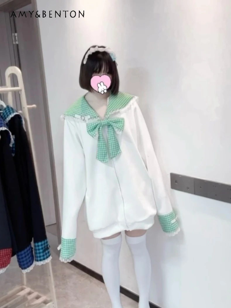Navy Collar Sweatshirt Sweet Cool Girl Contrasting Color Zipper Hoodies Japanese Two-dimensional Cute Oversized Top Subculture