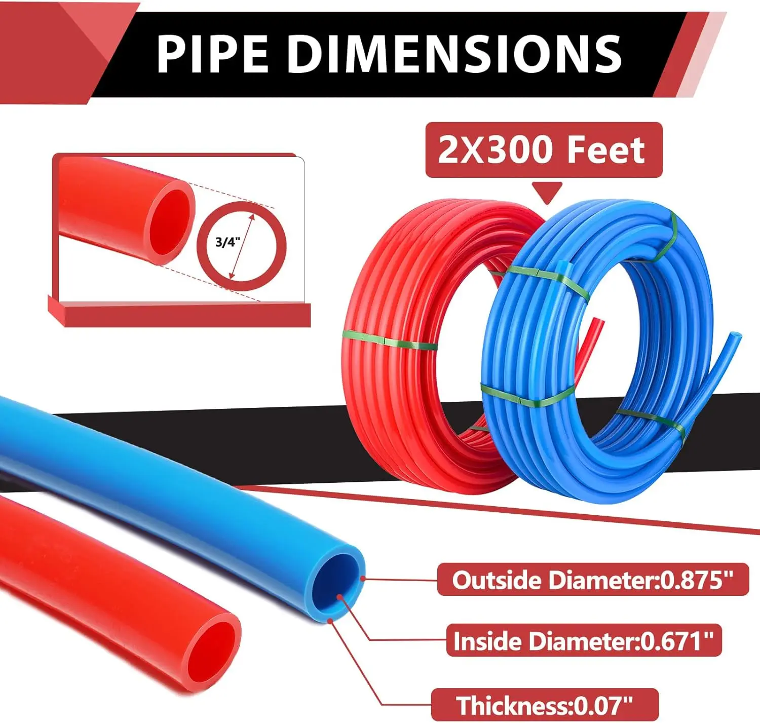 Pex-A Pipe/Tubing Blue & Red 3/4 Inch 2 X300 Ft 600 Ft Length for Potable Water-for Hot/Cold Water-Plumbing Applications