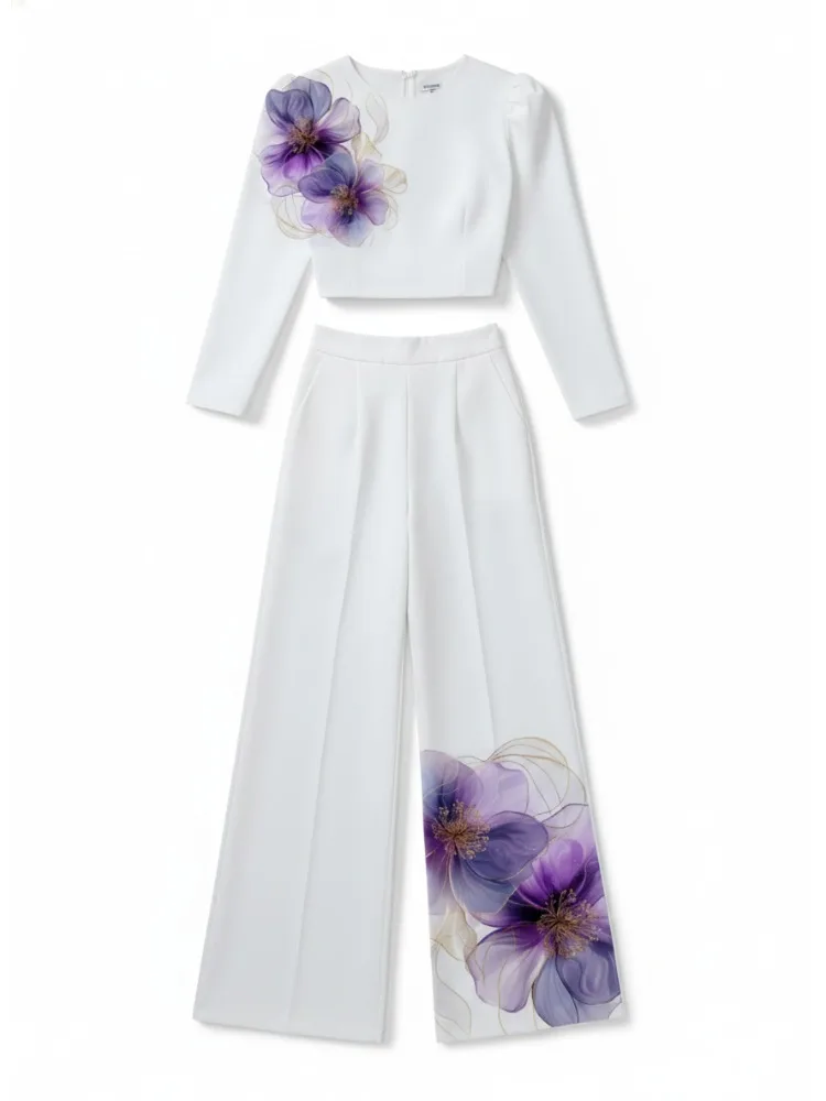 

Freeacy Women's Stylish Two Piece Set White Floral Print Long Sleeve Crop Top + High Waist Wide Leg Pants Casual Pant Sets