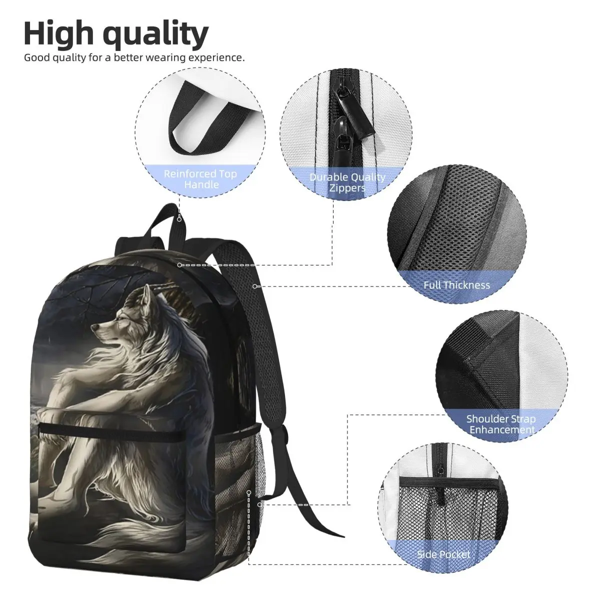 Emo White Wolf Sitting Sad Meme Backpack Student BookBag Kids School Bag Computer Shoulder Bags for Men Women