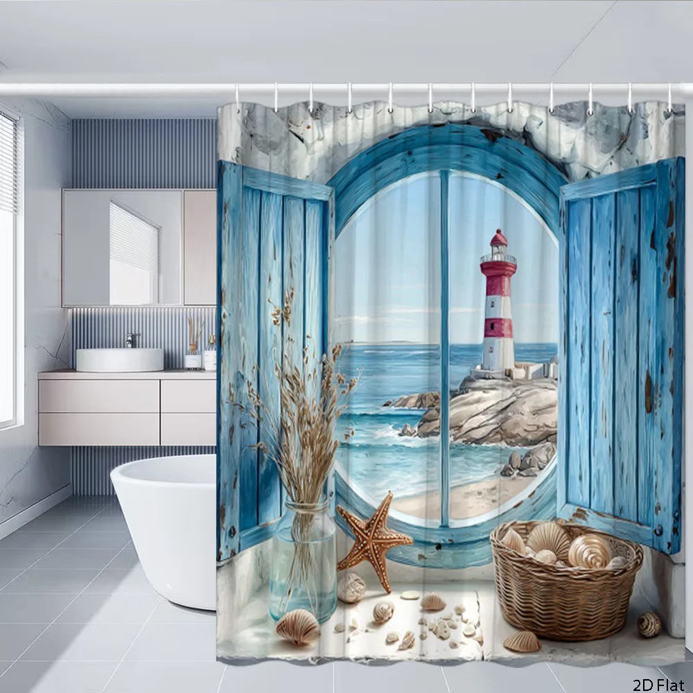 

Nautical Lighthouse Beach Scene Shower Curtain Waterproof Bathroom Decor Coastal Ocean Style Curtain for Modern Bathroom Accesso