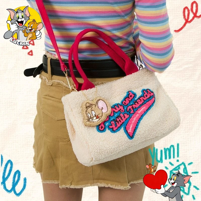

Милая зимняя сумка-тоут из кораллового флиса с рисунком Том и Джерри, креативная персонализированная сумка через плечо с вышивкой для девочек, подарок