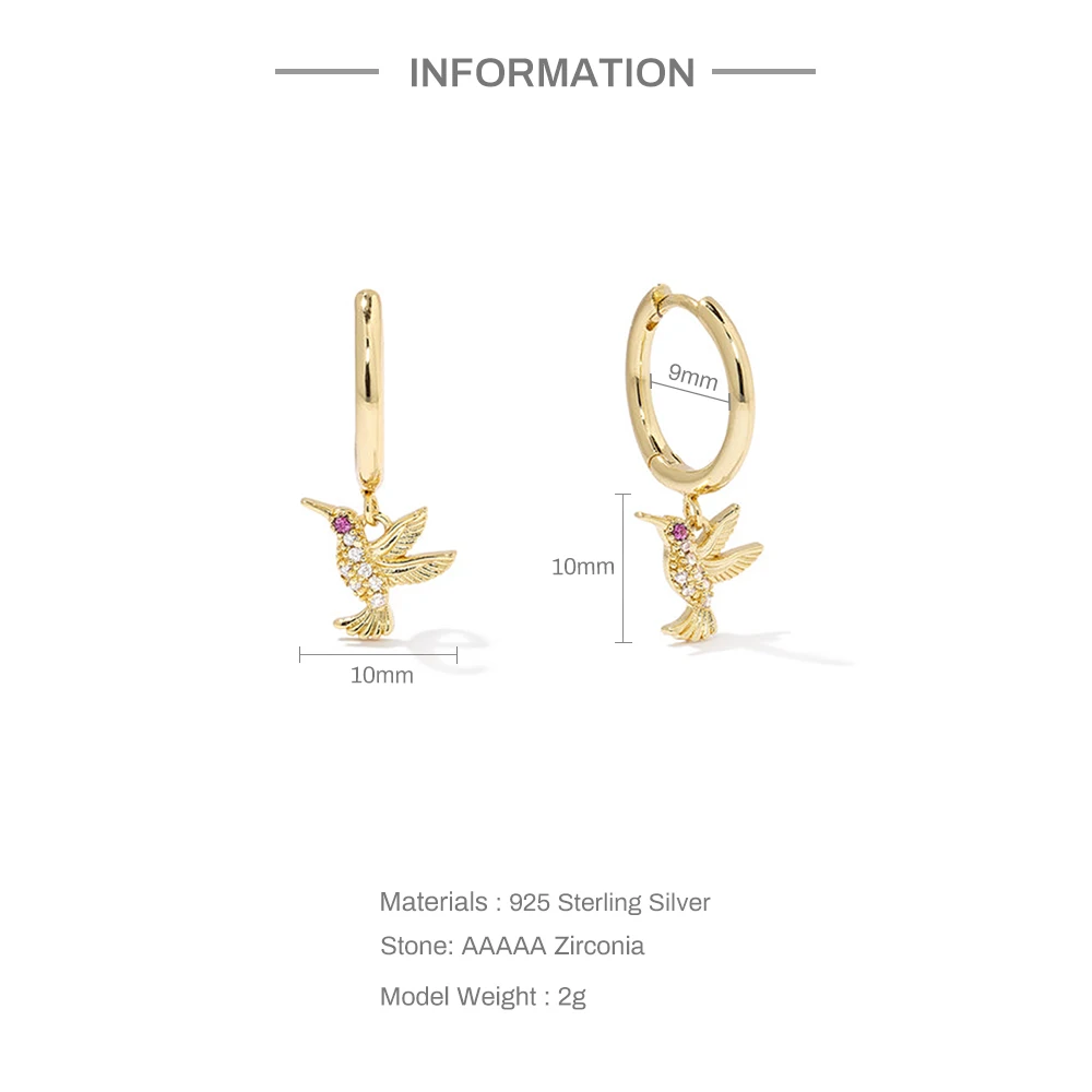 CANNER Exquisite 925 Sterling Silver Hummingbird Pendant Dangle Piercing Huggie Drop Earrings for Women Fine Jewelry Pendientes