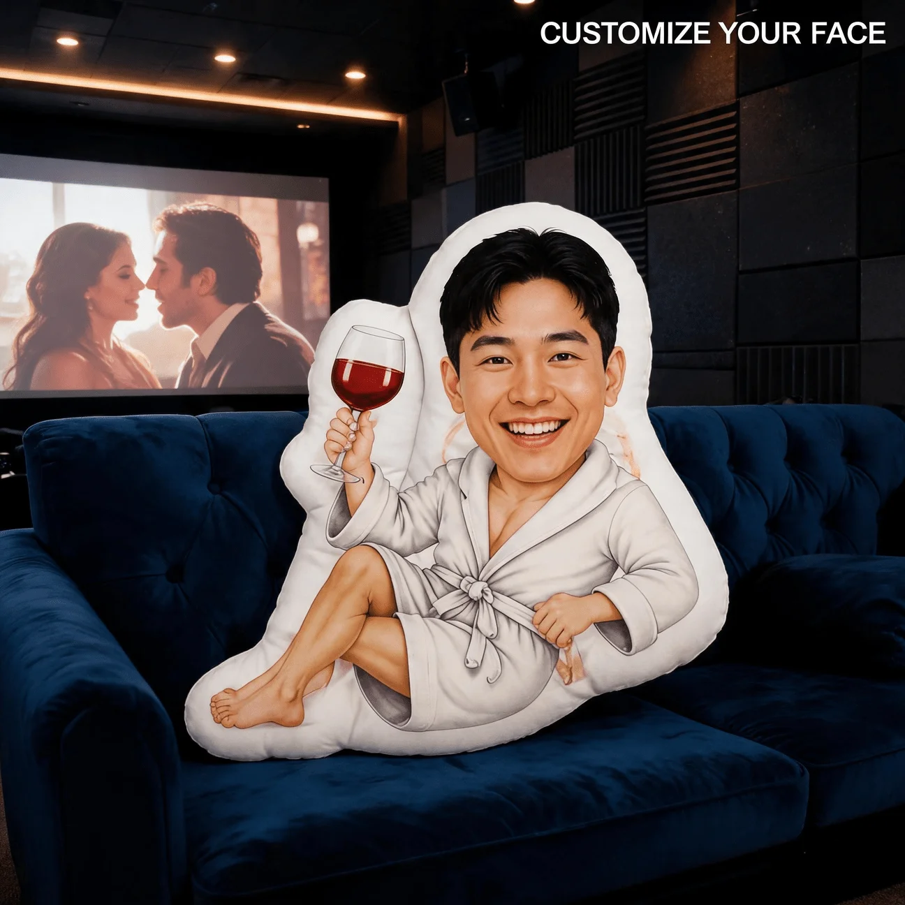 Custom Photo Shaped Pillow, Personalized Face in Bathrobe Holding Wine Glass Decorative Cushion, Funny Novelty Accent Pillow for