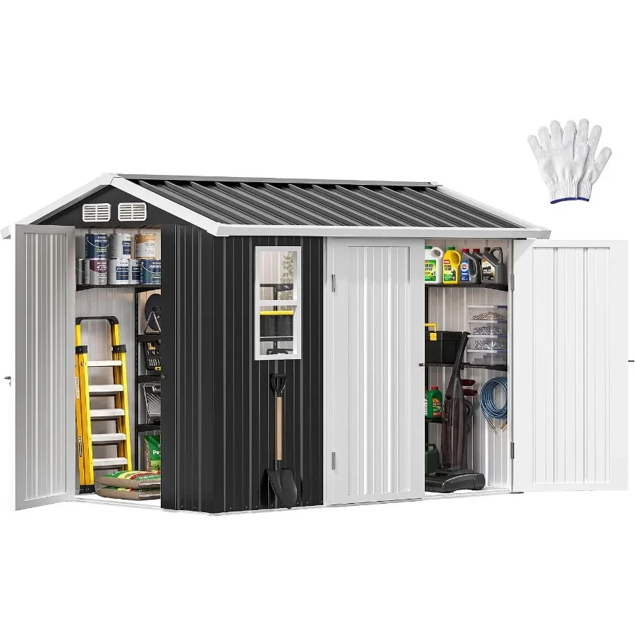 Outdoor Metal Storage Shed with Windows and 3 Lockable Doors