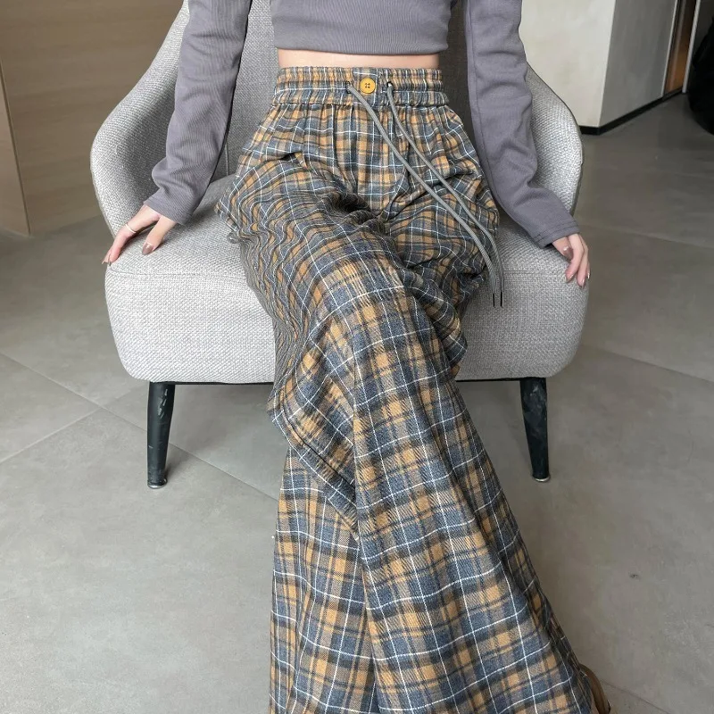 

2024 Women's Autumn Tencel Cotton Plaid Casual Pants Slimming All-match Loose Straight Wide-leg Pants Floor Trousers