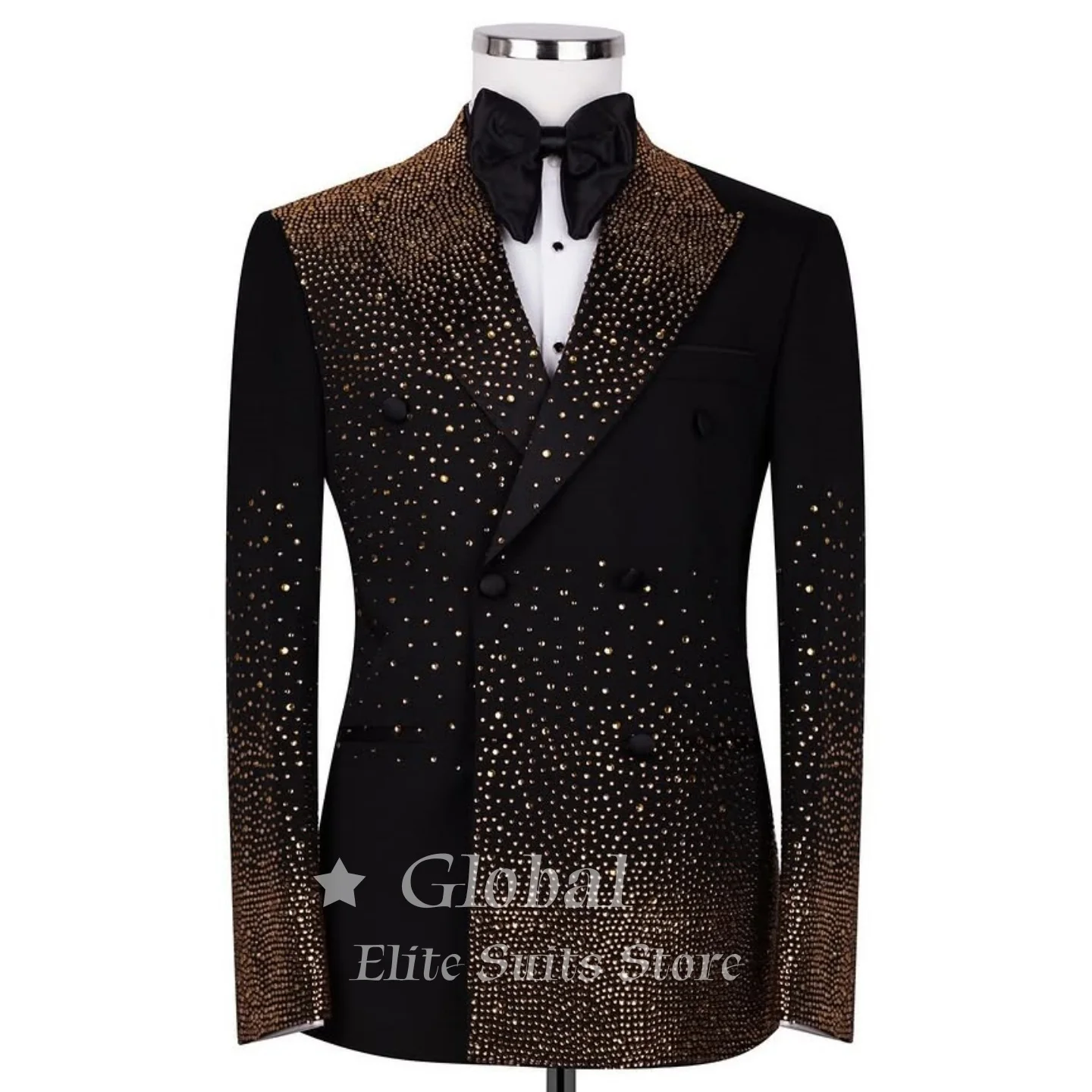 Luxury Men's Black Gradient Rhinestone Blazer Double Breasted Peak Lapel Tuxedo Jacket Prom Party Wedding Groom Customized
