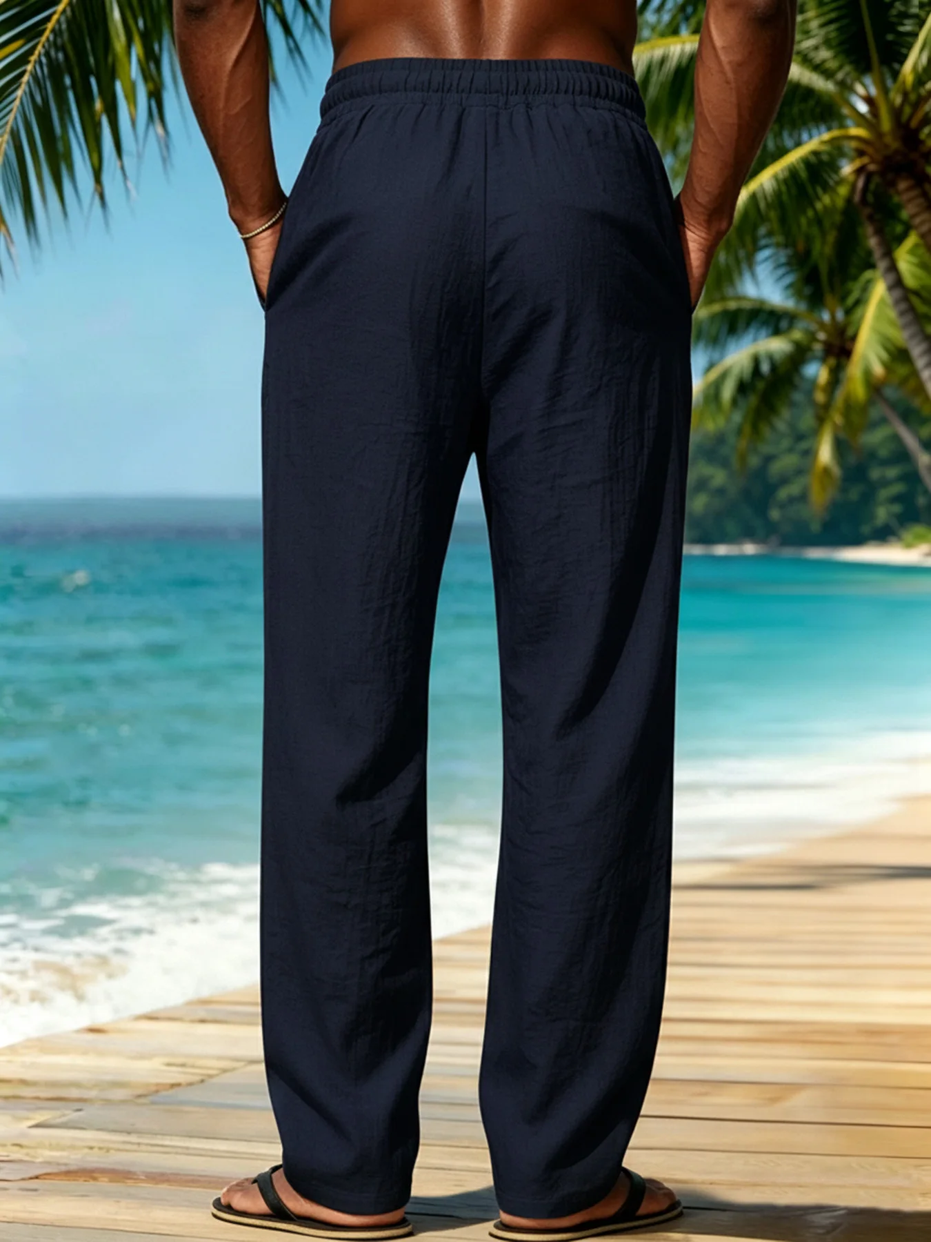 2 Pcs Mens Textured Casual Straight Pants Adjustable Drawstring Elastic Waist Side Pockets Lightweight Wrinkle Resistant Pants
