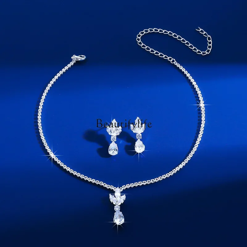 

Delicate claw chain water drop zircon rhinestone crystal earrings set, light luxury simple collarbone chain