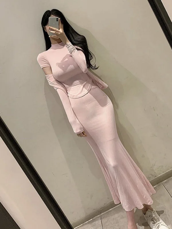 WOMENGAGA Skirts Set Pink Korea Slim Sexy Fashion Three Piece Set For Women Tight Half High Neck Short Sleeve T Shirt 70BE