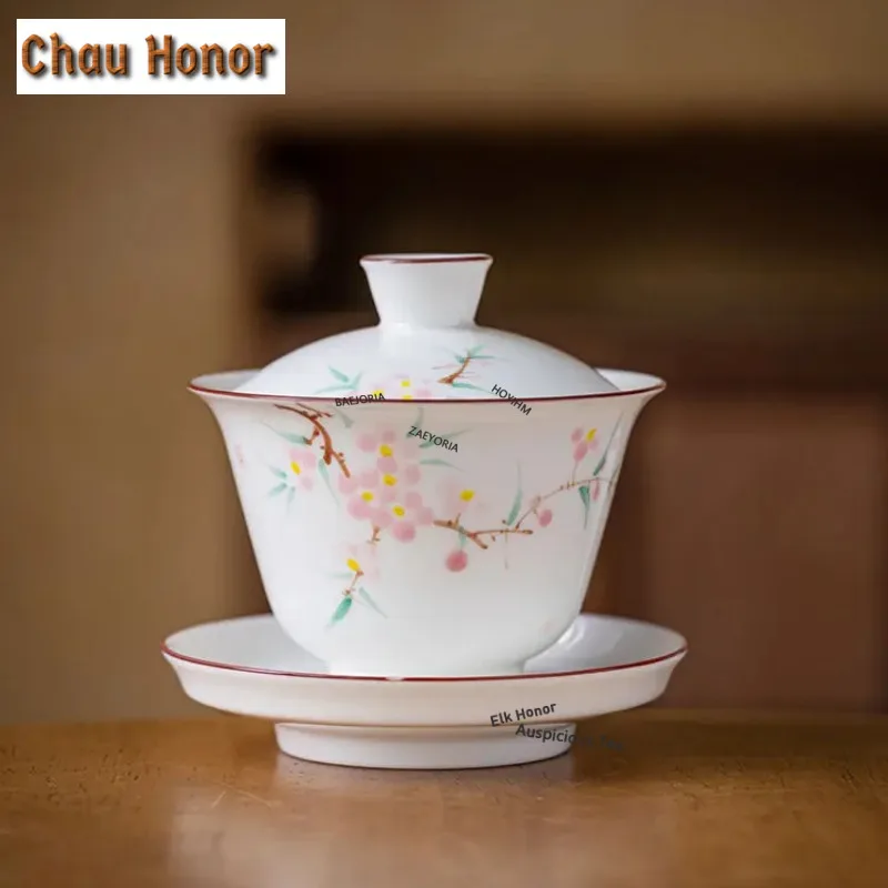 

130ml Hand-painted Peach Blossom Gaiwan White Porcelain Three Talent Tea Tureen Tea Brewing Cover Bowl Tea Services Decoration