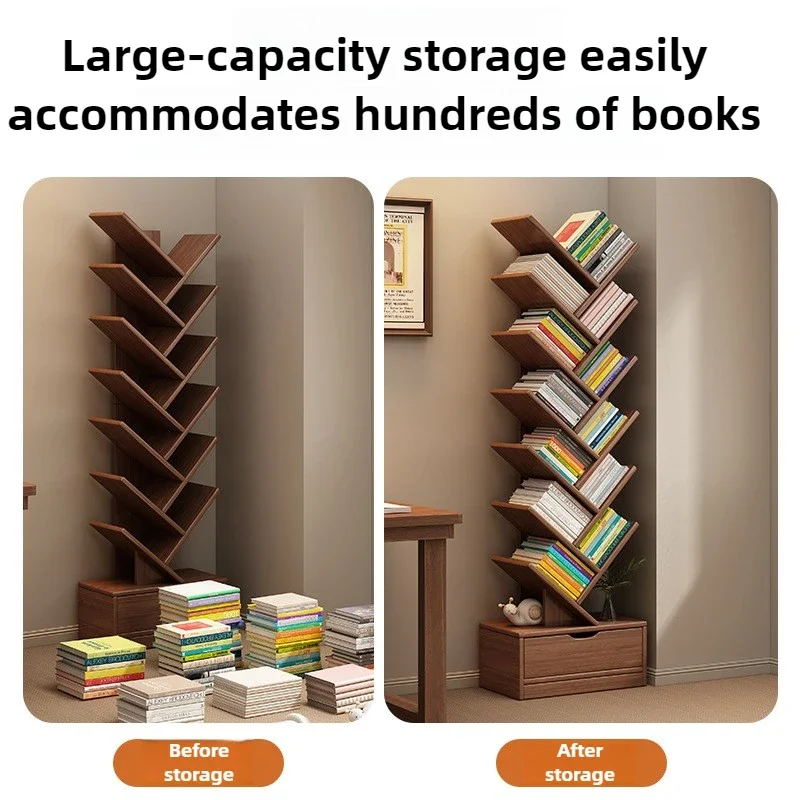 Книжная полка в форме дерева из цельного дерева, отдельно стоящая угловая полка для хранения в гостиной и детской комнате