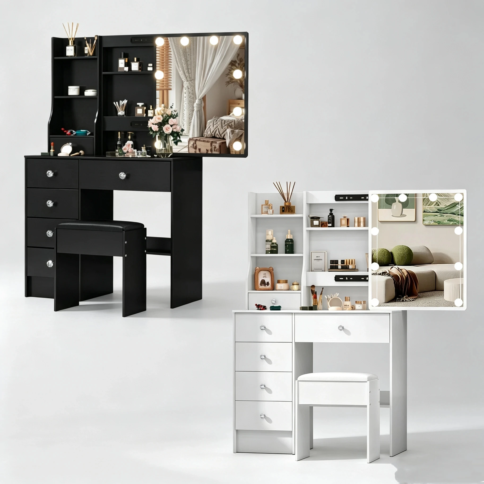 Teousev Makeup Vanity Table Set with Tempered Glass Hollywood LED Light Mirror, 6 Drawers & Open Storage Shelves, Dressing Table with Padded Stool, Bedroom Cosmetic Vanity Desk for Women Bedroom Furniture