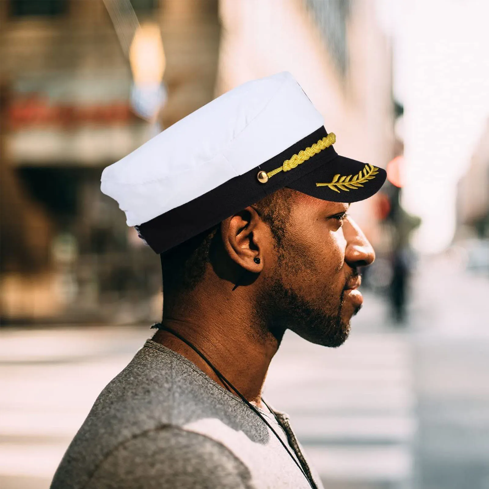 Nautical Costume Captain Hat Flat Top Navy Marine Style Adult Summer Sailor Cap Retro PVC Polyester Cotton Accessory