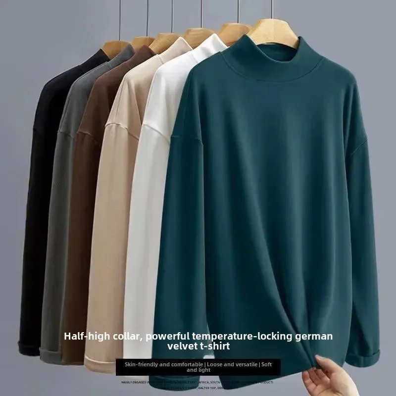Thickened Fleece-Lined Warm Men's Base Layer Top Half Polo/Turtle Neck Solid Color Long Sleeve T-Shirt Winter Protection