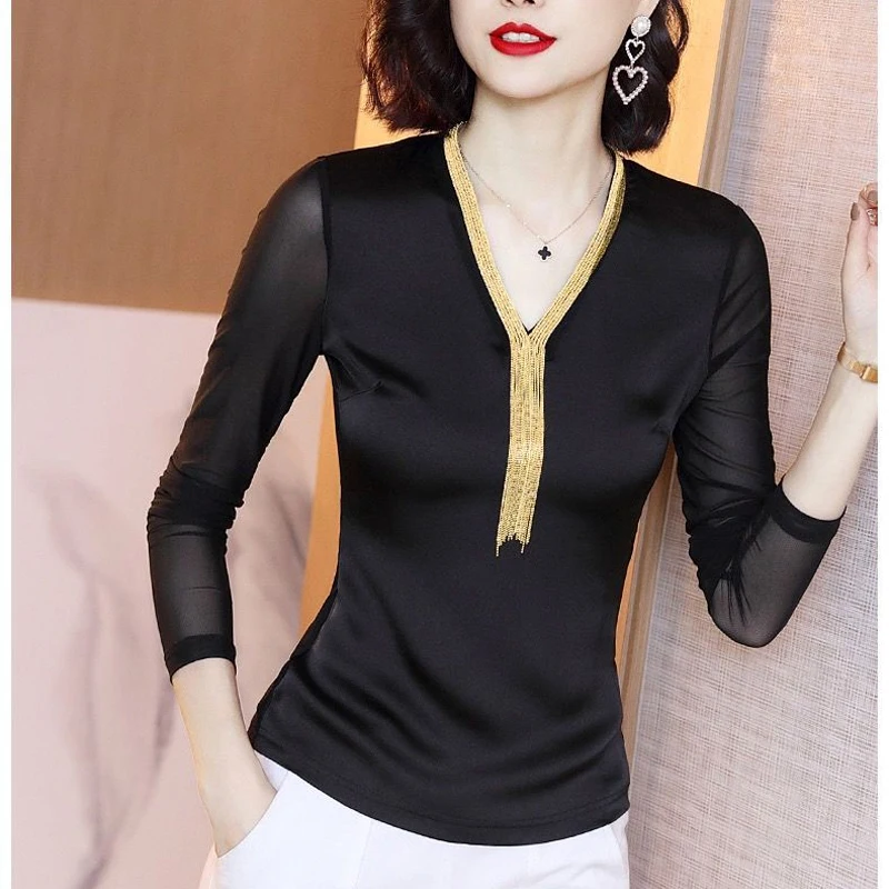 Sexy Net Yarn Thin Bottoming Shirt Spring Autumn New Long Sleeve V Neck Slim Solid Color Tops Tees Vintage Office Women Clothing