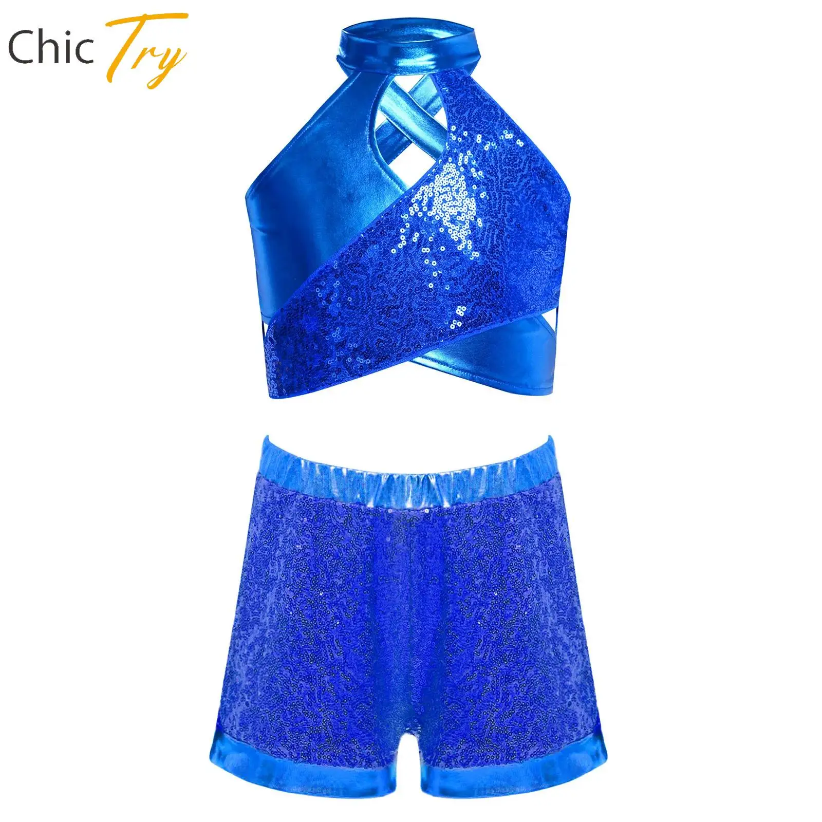 

Sparkly Sequins Jazz Dance Sets Kids Girls Hip Hop Street Dancing Performance Costumes Sleeveless Metallic Crop Top with Shorts