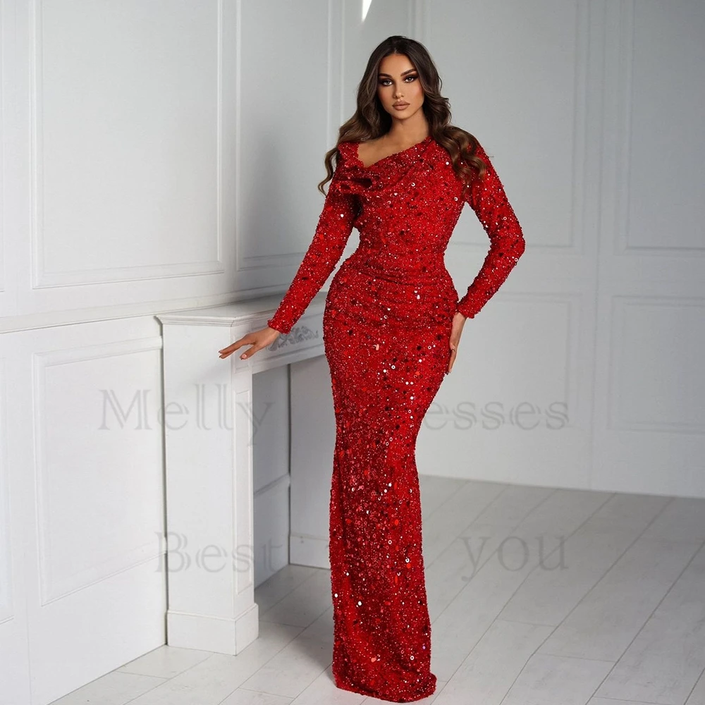 

Red Mermaid Evening Dresses for Women Full Sleeve Velvet Prom Gowns with Sequiend 2024 Summer New Zipper Back Robe De Soirée