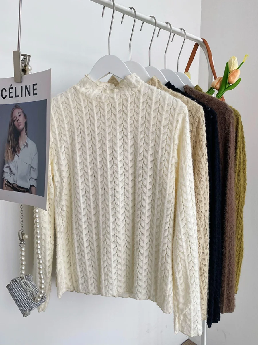 

plus Size Women's Knitted Long Sve Lace Pure Color Me Base Layer Sweater High Ne Design Korean Sle Commute Faion