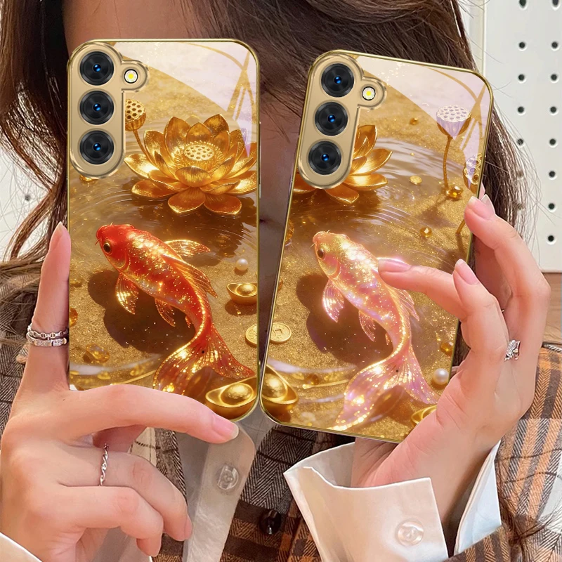 

Golden pollen pink koi For Samsung Galaxy S26 S20 FE S21 S22 S23 Plus S24 Ultra 25Ultra S21+ S9 S22Plus Golden glass phone case