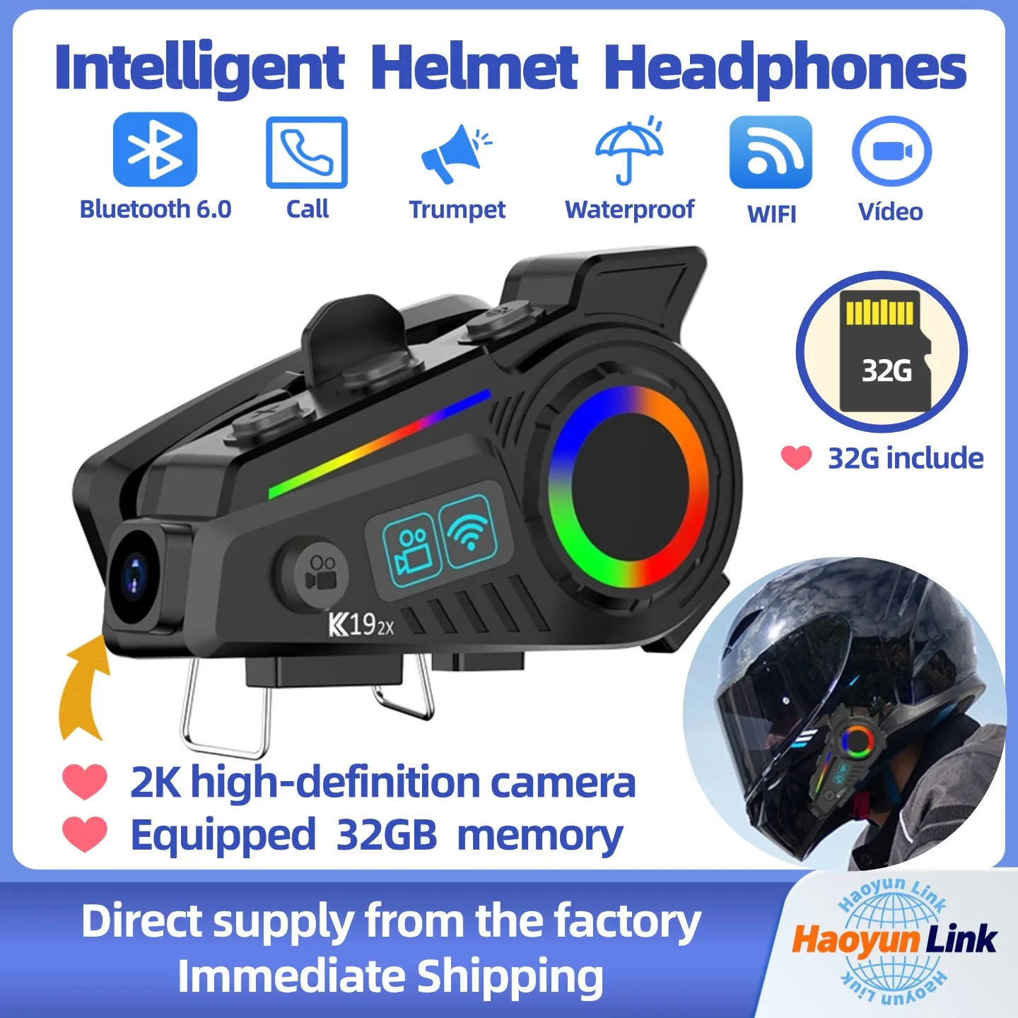 Smart helmet headset with 2K camera, waterproof and dustproof.