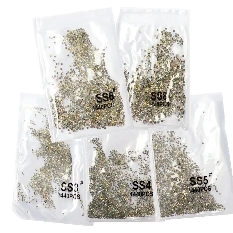 SS3-ss8 1440pcs 클리어 크리스탈 AB 골드 3D 비 핫픽스 플랫 백 네일 아트 라인 석 장식 신발 및 춤 장식