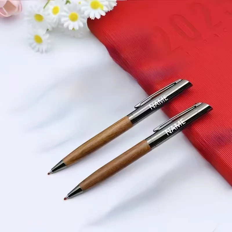 2Pcs Personalized Custom Wood Grain Ballpoint Pens, Laser-Engraved with Name and Date, Metal Wood Grain Original Wood Color Ballpoint Pen, Gel Signature Pen, Gift Advertising Pen, Logo-Printed Pen, Rosewood/Mahogany/Eb
