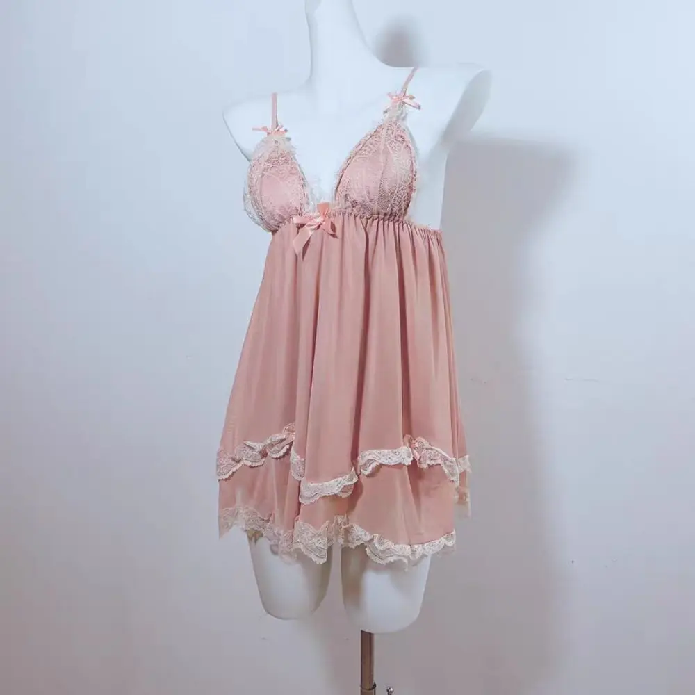 

Lace Bowknot Women's Pajama Dress Ruffle Flower Suspender Nightdress Homewear Sleeveless Sling Nightgown with Pads Female