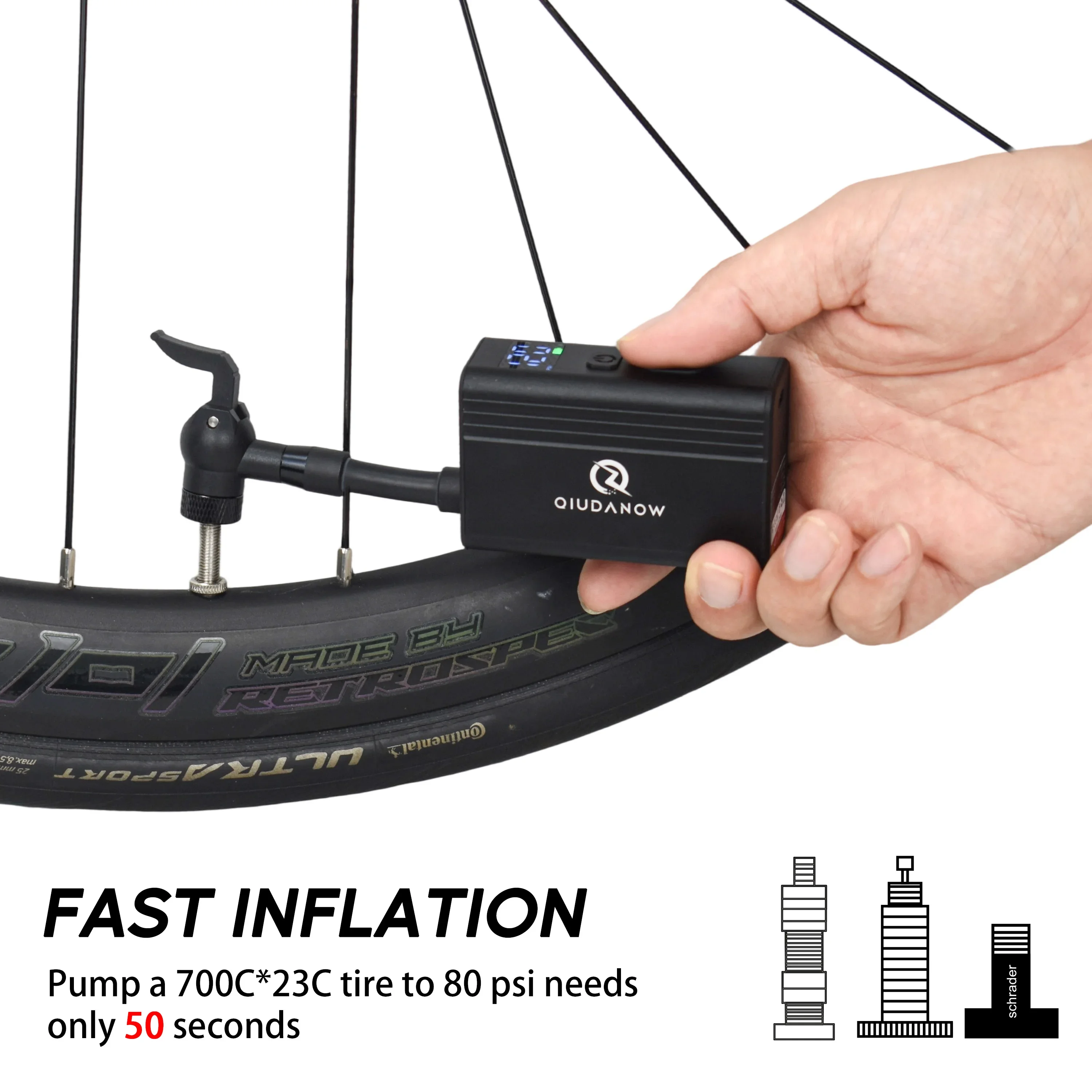 

QIUDANOW Electric Bike Pump 120PSI Digital Gauge Fast Inflation Preset Pressure for AV/FV Valves Bikes/E-bikes/Sports Balls