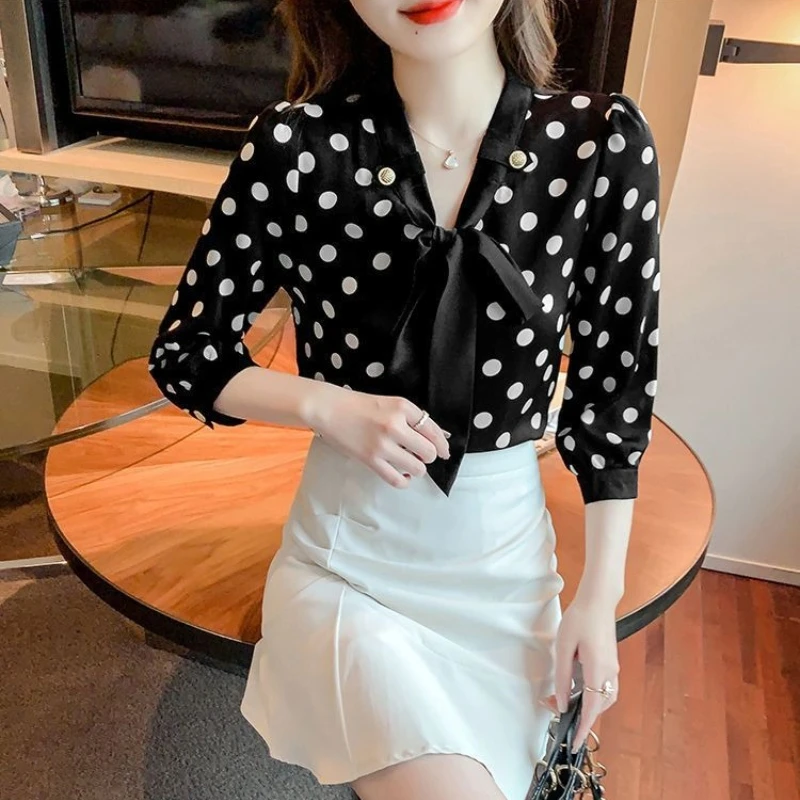 

​ Шикарная женская блузка из шифона в горошек, новый дизайн 2026 года, летняя, приталенная, с рукавом три четверти, пуловер ​