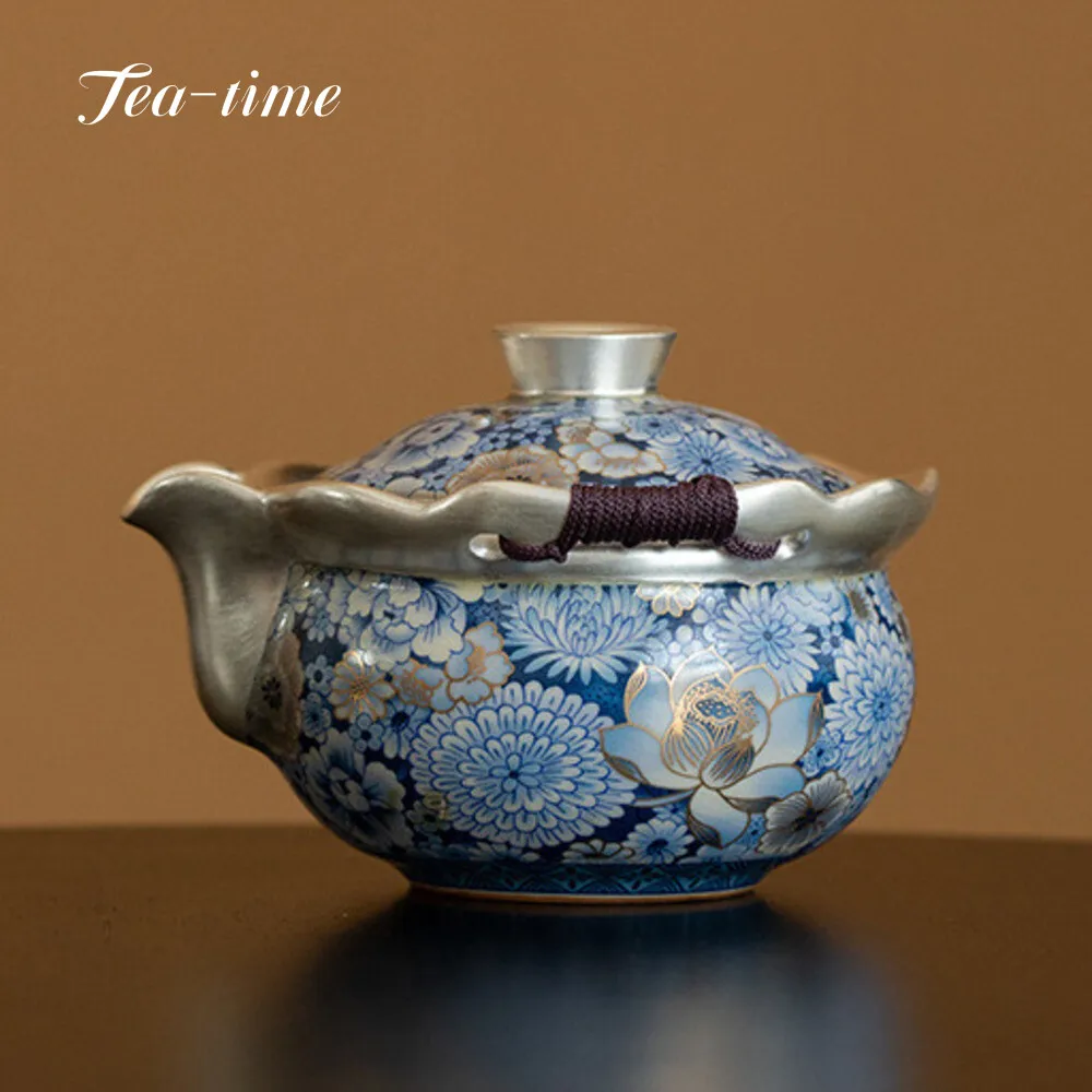 200ml Handmade Blue White Flower Gilt Silver Hand Pot Ceramic Tea Cup Tea Maker Tea Set Kettle Kung Fu Tea Teaware Gift Box