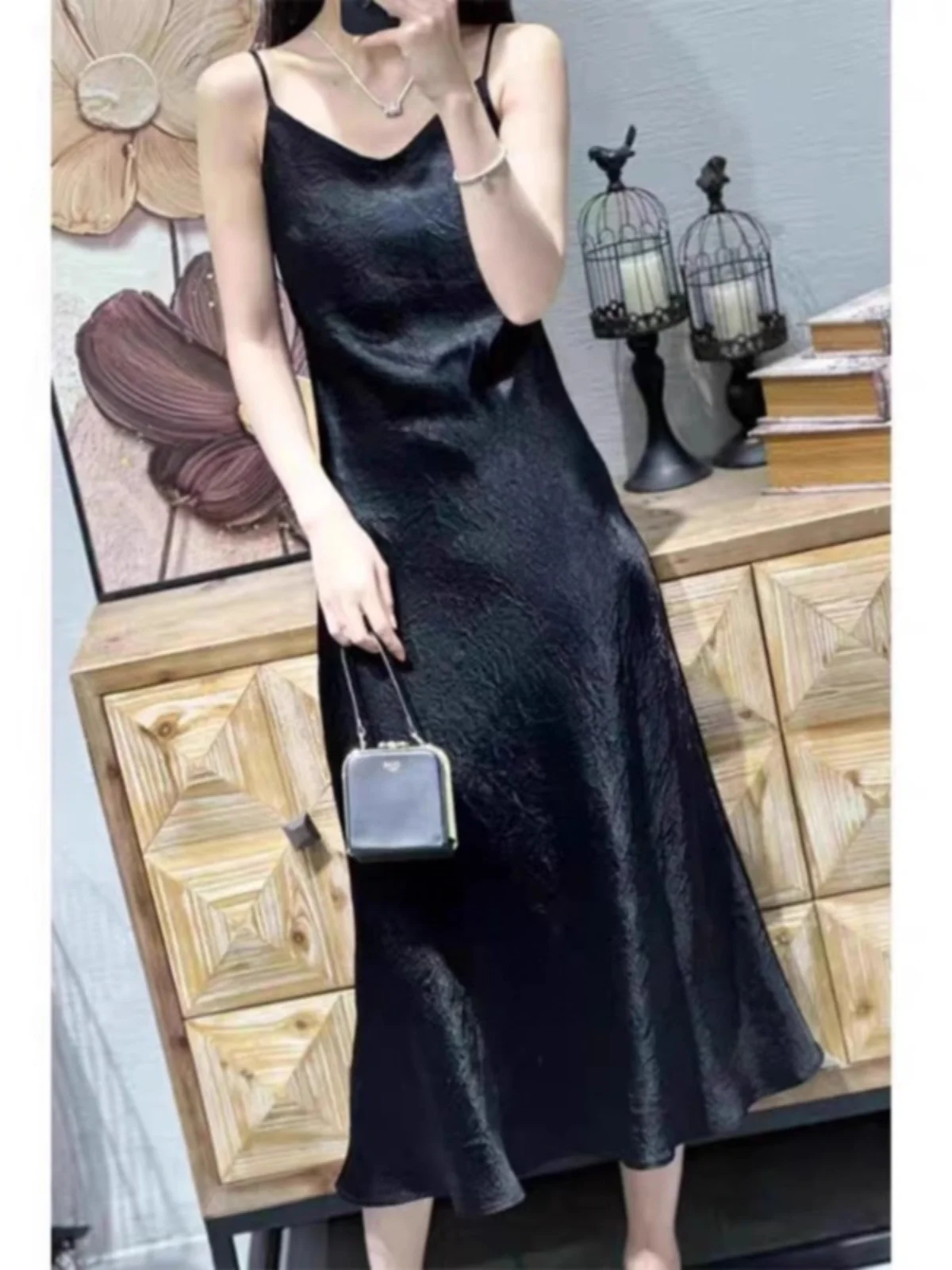 Retro Acetate Satin Dr Women's Summer High Waist V-Ne Midi Strapl Dr Slimming A-Line Gown Vintage Sle Pure Color