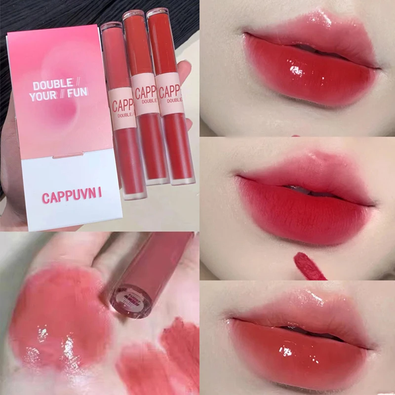 Cappuvini Full Gloss Mirror Matte Velvet Long Term Color Moisture Lip Gloss Anti Stain Cosmetic Lip Glaze Double Ended Lip Glaze