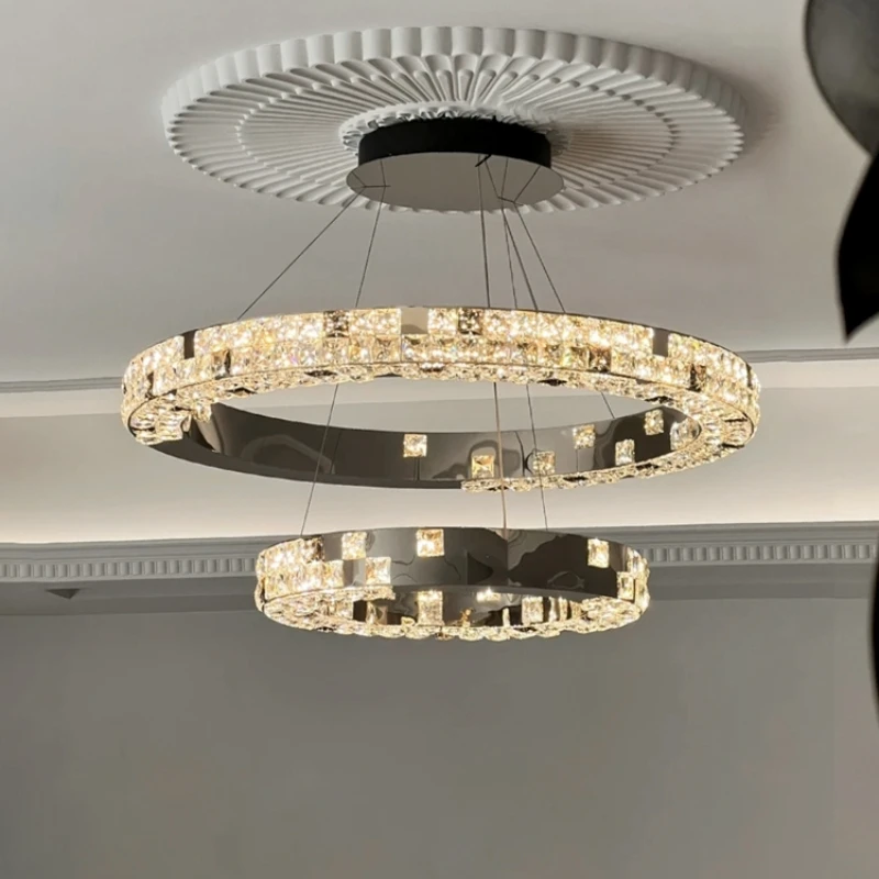 

Luxury Modern Circle Led Dimmable Chandelier Foyer Lustre K9 Crystal Led Pendant Lights Steel Home Decor Suspend Lamp Fixtures