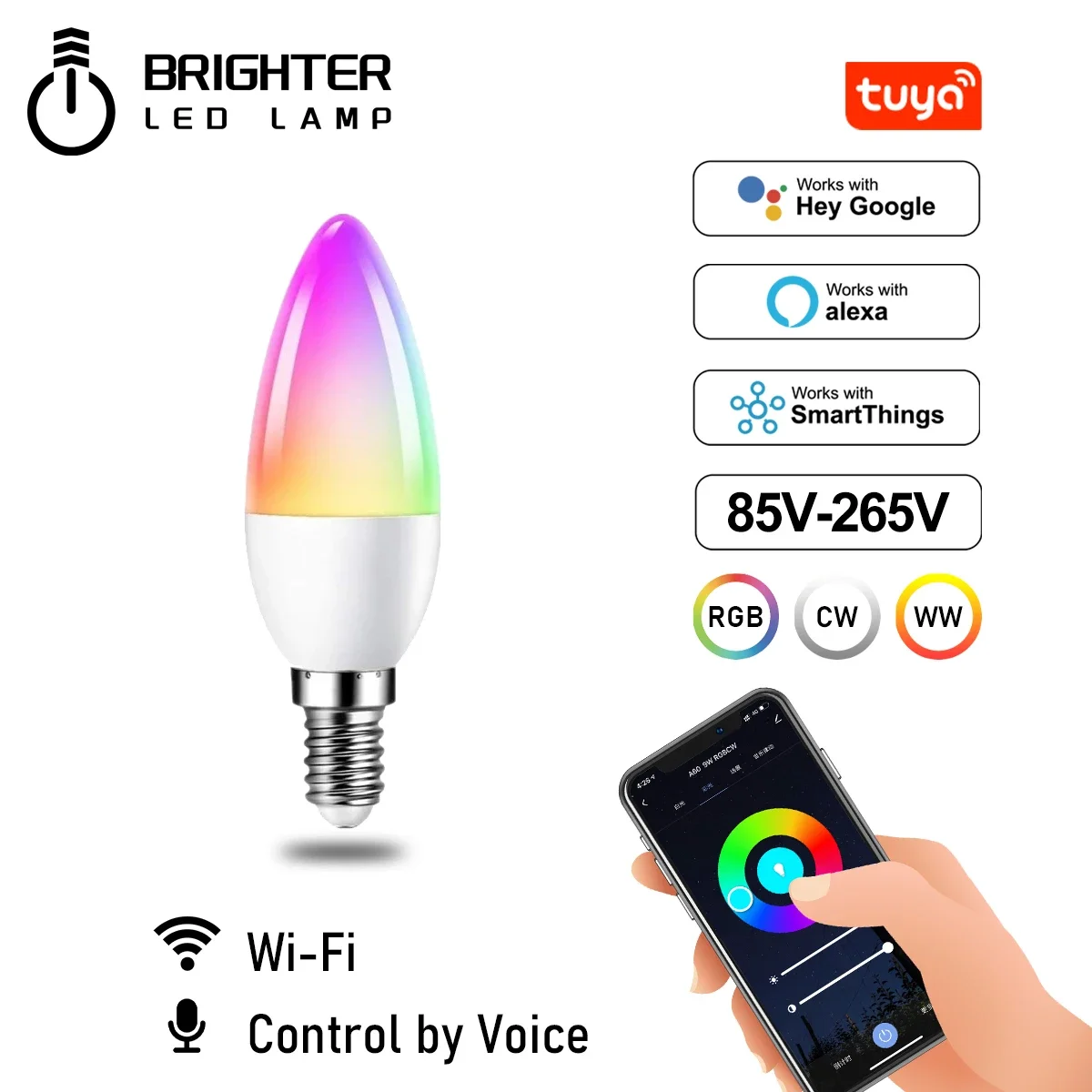 Voice Control Smart 6W C37 T37 RGB CW Wifi Light Bulb Dimmable Led Magic Lamp 110V 220V Work With Alexa Google Home Smartthings