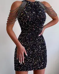 Spring/Summer New Fashion Hanging Neck Sexy Chain Wrapped Hip Sequin Sleeveless Slim Fit Dress For Women,6 Colors