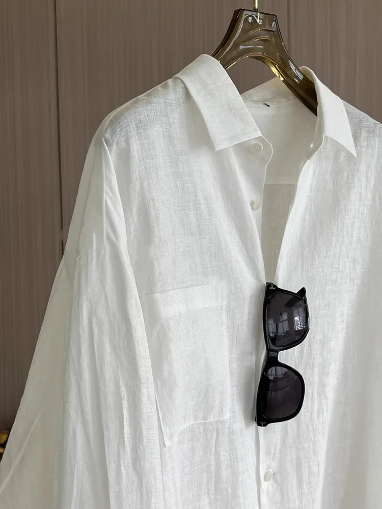 Biała koszula chroniąca przed słońcem, damska, letnia, cienka, luźna, lniana bluzka, oddychająca, długi rękaw, kołnierzyk, styl koreański.