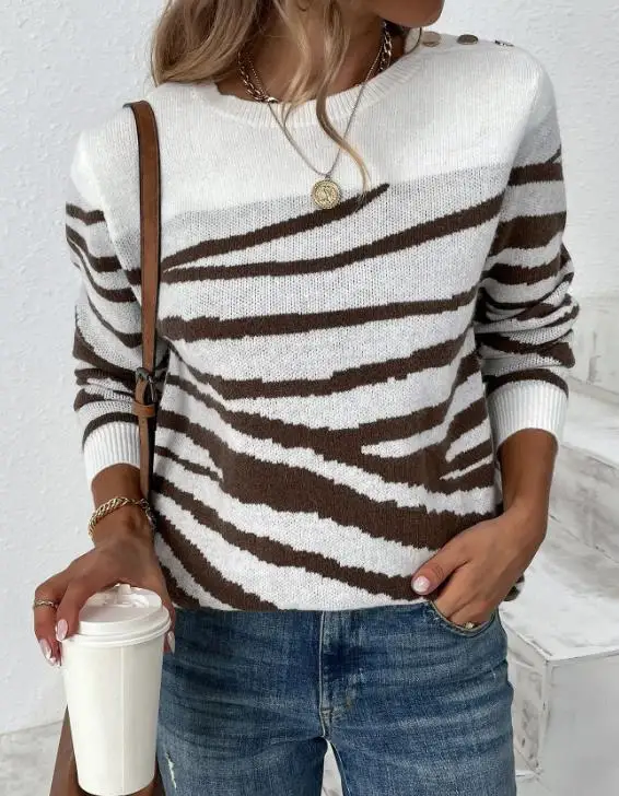 

Fashion Women's Sweater 2025 Autumn/winter New Match Zebra Pattern Round Neck Shoulder Buckle Long Sleeve Knitted Top