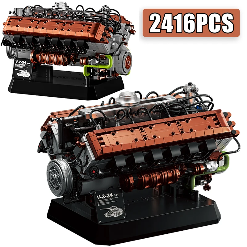 2416-teiliger Technischer T34-V2 Panzermotor Baukasten, High-Tech Panzermotor-Zylinder-Bewegungsmechanismus Bausteine, Lernspielzeug Geschenk
