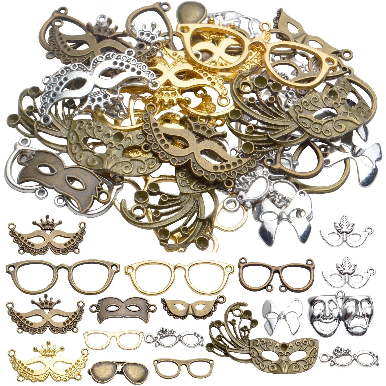 

100g(About 25-50pcs) Women Face Masks Pendant Charms Alloy Antique Mask Eyeglasses Charms Accessory for Halloween Parties Ball
