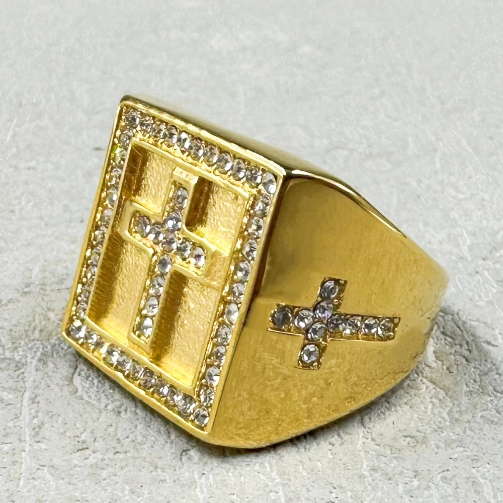 Hip hop Punk Christ Cross Chunky Ring luxury for Men Women 316L Stainless Steel With Rhinestone Religion Prayer Male  Jewelry