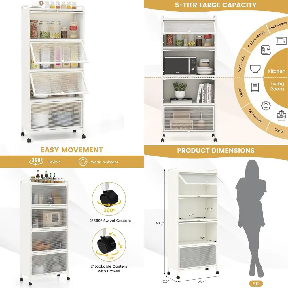 

Кухонный шкаф для хранения, отдельно стоящая стойка для пекарей, мобильная подставка для микроволновой печи с роликами, просторный 5-уровневый органайзер