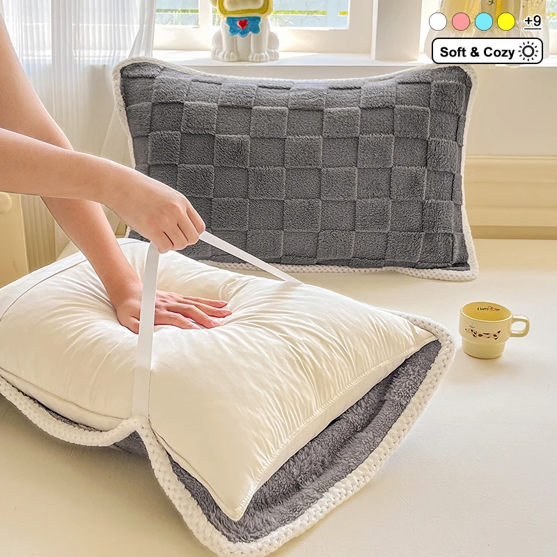 Grid Plush Pillowcase,Soft Cozy Plaid Flannel Pillow Cover with Fixed Strap,Skin-Friendly Warm Decorative Pillow Sham,Anti-Slip
