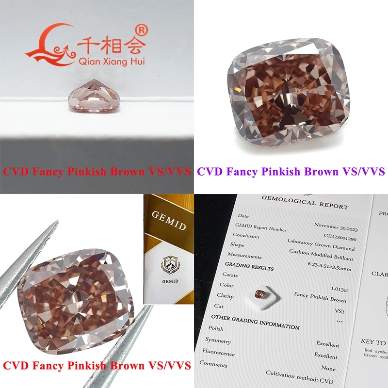 CVD diamond Brownish Pink color 1ct- 2.6ct VS1 clarity long cushion shape GEMID certificated lab grown diamond loose stone