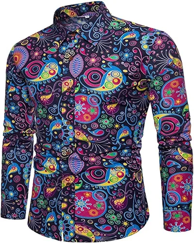 Camisas de discoteca de los años 70 para hombre, camisas informales, camisas florales Vintage de manga larga, cárdigan con solapa y botones, camisas de gran tamaño para hombre