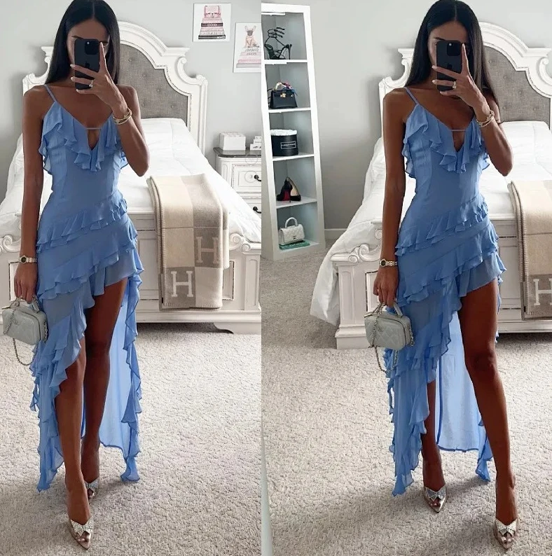 

Женское облегающее платье макси с нерегулярной кисточкой - сексуальное синее платье с высоким разрезом на бретельках, элегантная одежда для вечеринки по случаю дня рождения и клубной одежды Vestidos