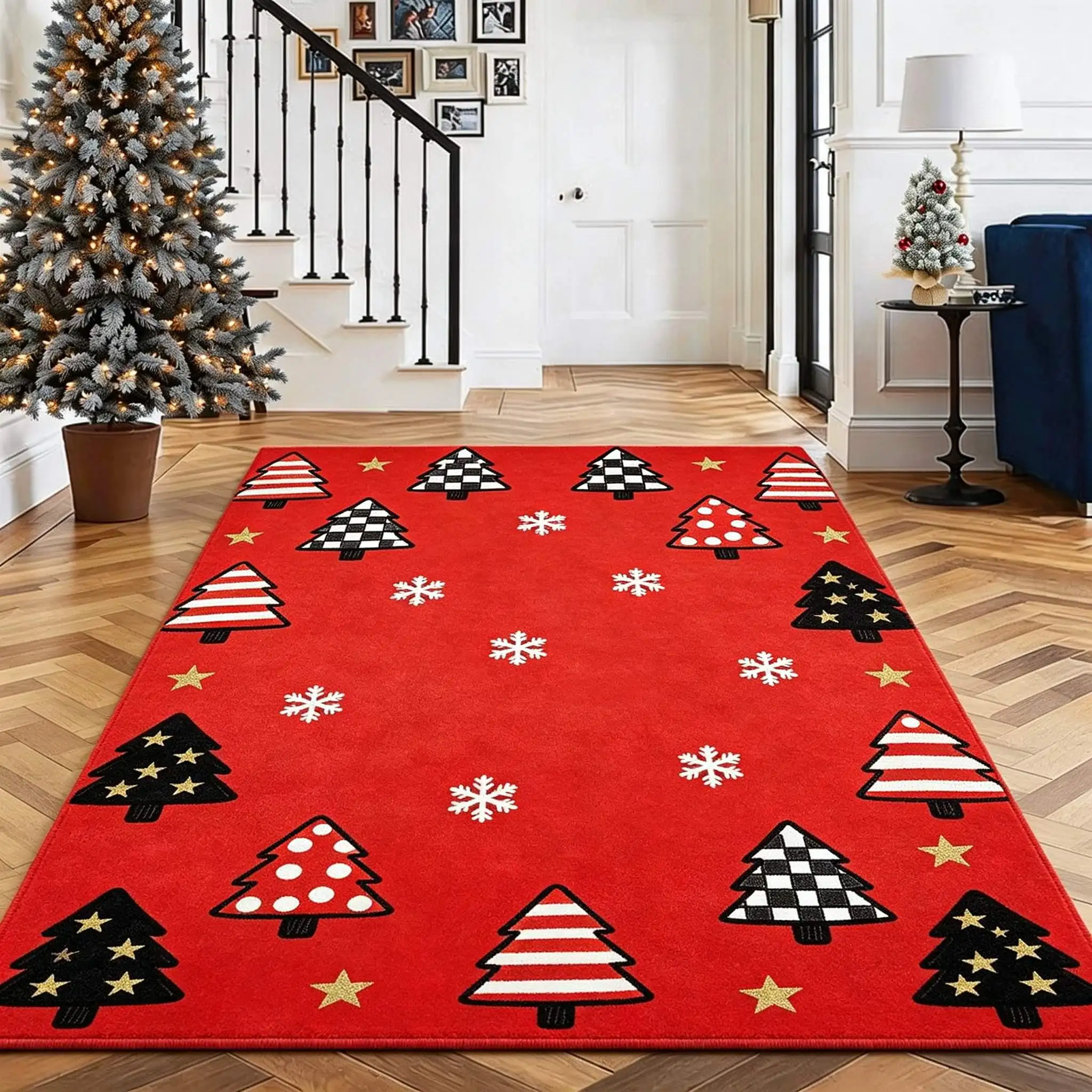 1pc Christmas Rug, Christmas Tree & Holiday Element Pattern,Festive Area Mat for Large Living Room,Bedroom, Dining Room, Kitchen