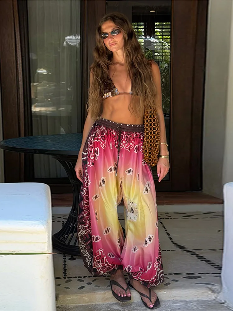 Panelled Gradient Print Jogger Women Pants Elastic Drawstring Wide Leg Holiday Trousers 2026 Summer Lady Fashion Loose Outwears