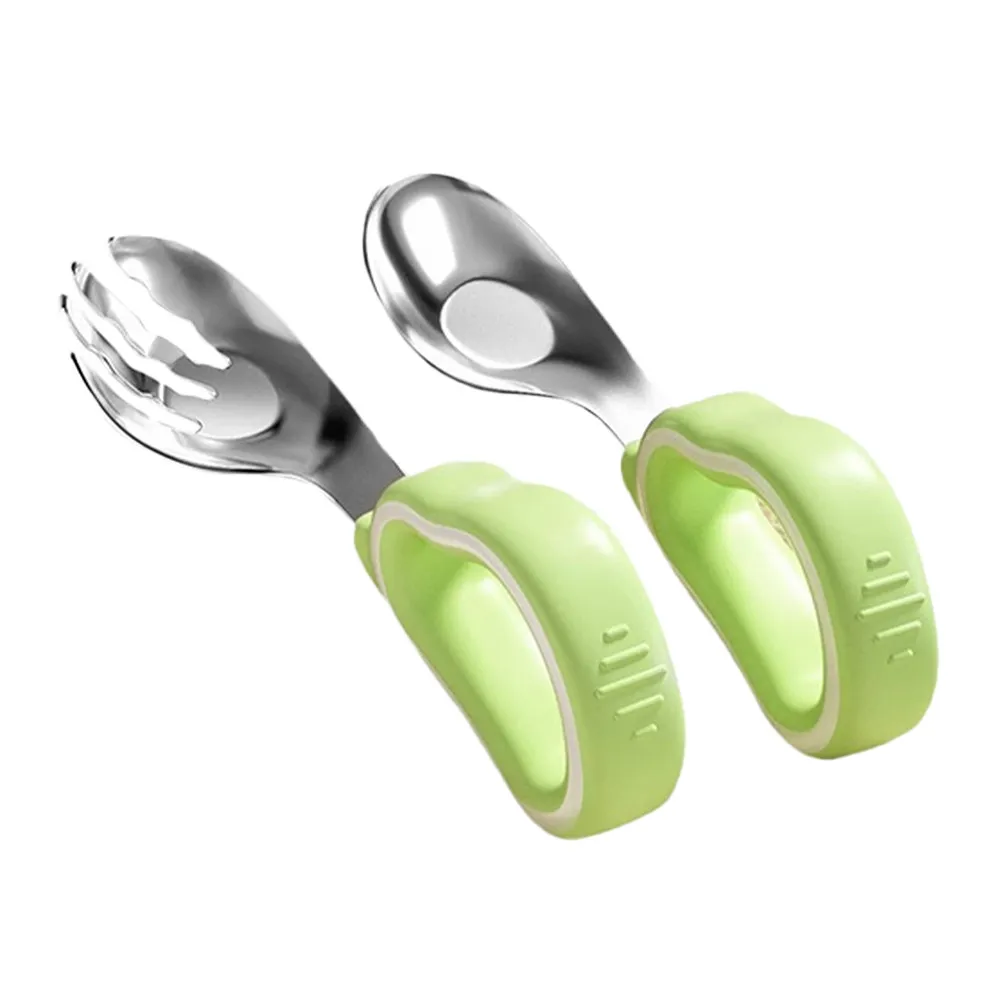 1Set Silicone Kid Eating Utensils Toddler Utensils For Nursery Teacher Kids Training Fork Spoon Stainless Steel